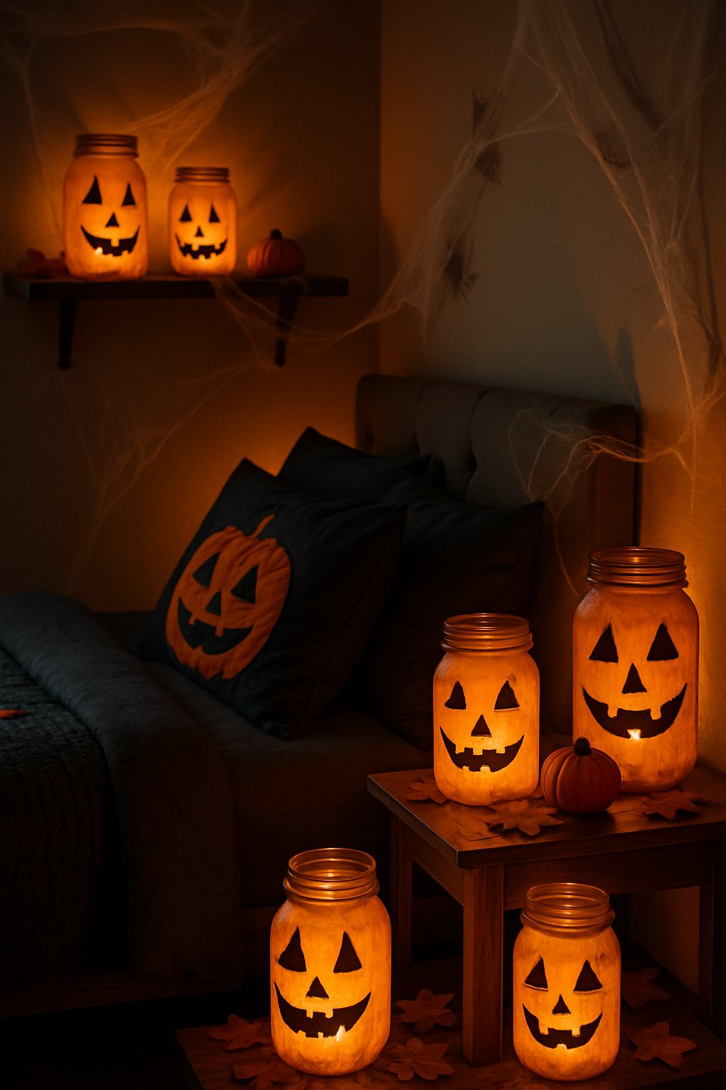 A bedroom decorated for Halloween with glowing mason jar lanterns carved with creepy faces placed on shelves and tables, surrounded by pumpkins and autumn leaves.