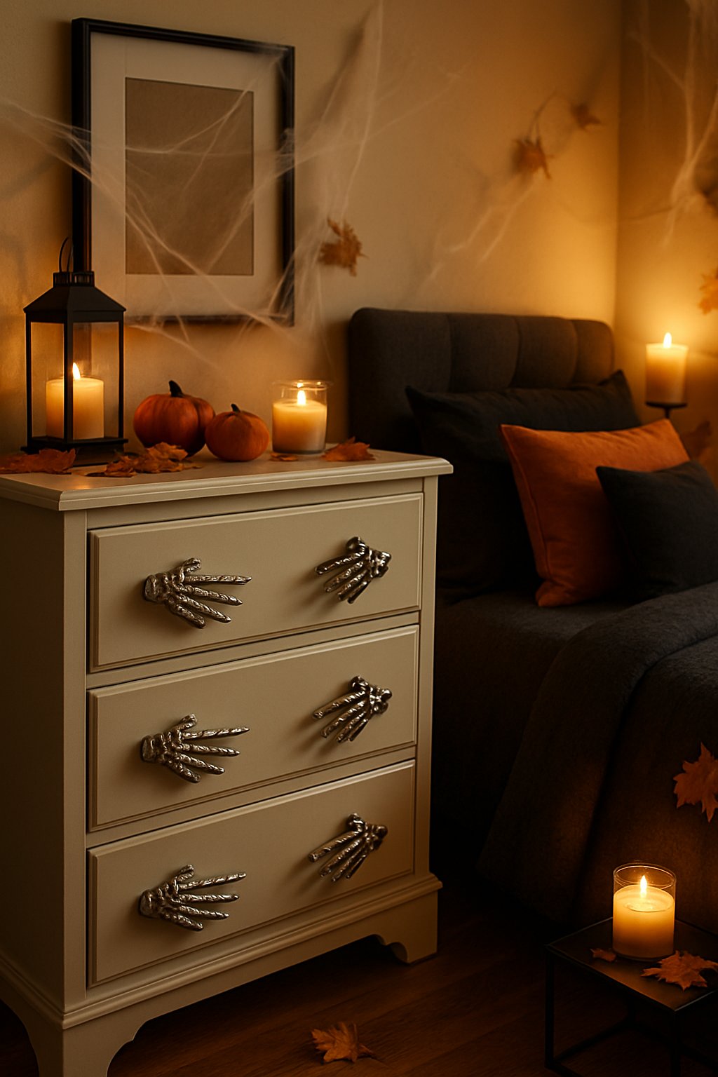 A bedroom with a dresser featuring skeleton hand drawer pulls and Halloween decorations like pumpkins and cobwebs.