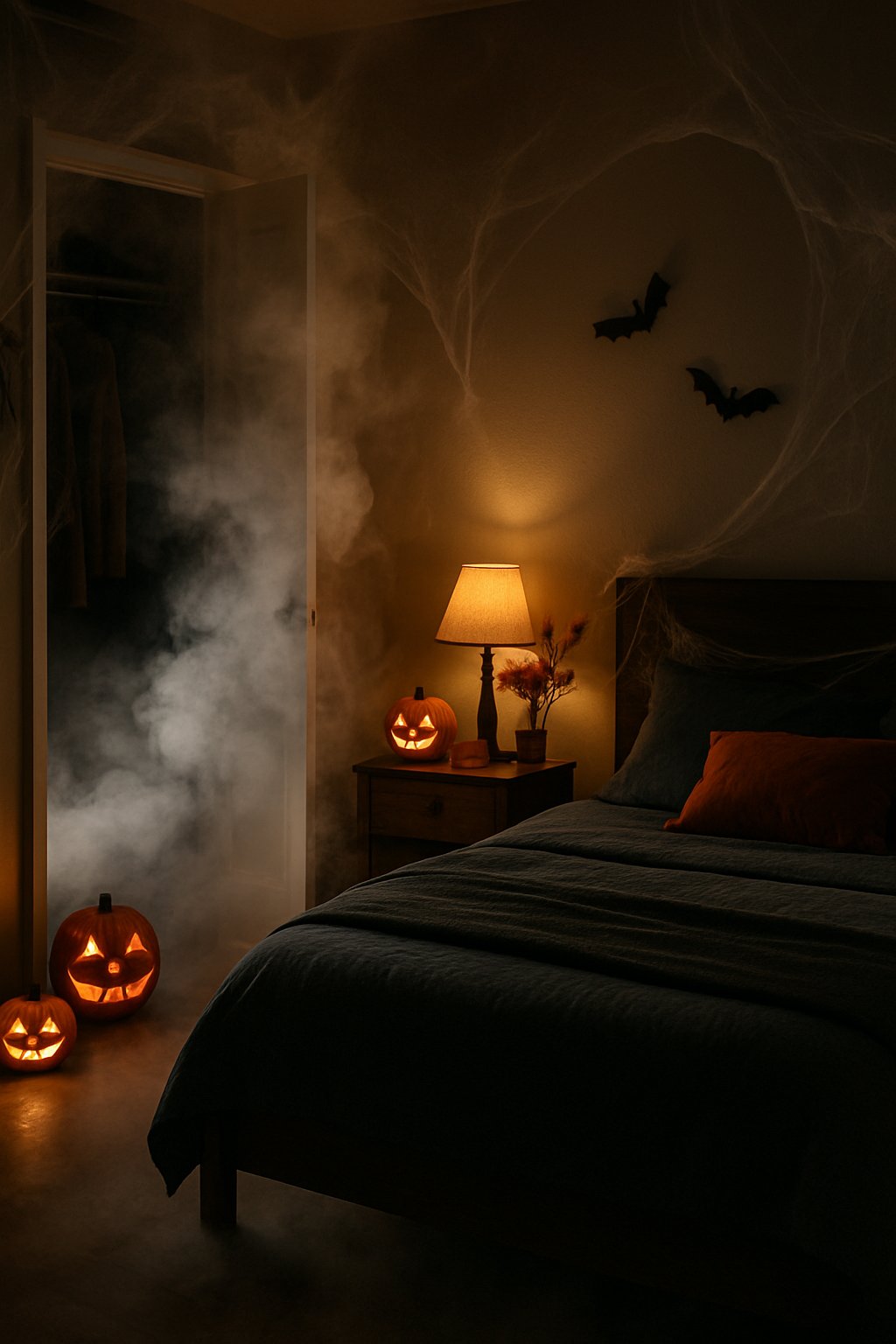 A bedroom with Halloween decorations and fog gently flowing from an open closet where a fog machine is hidden.