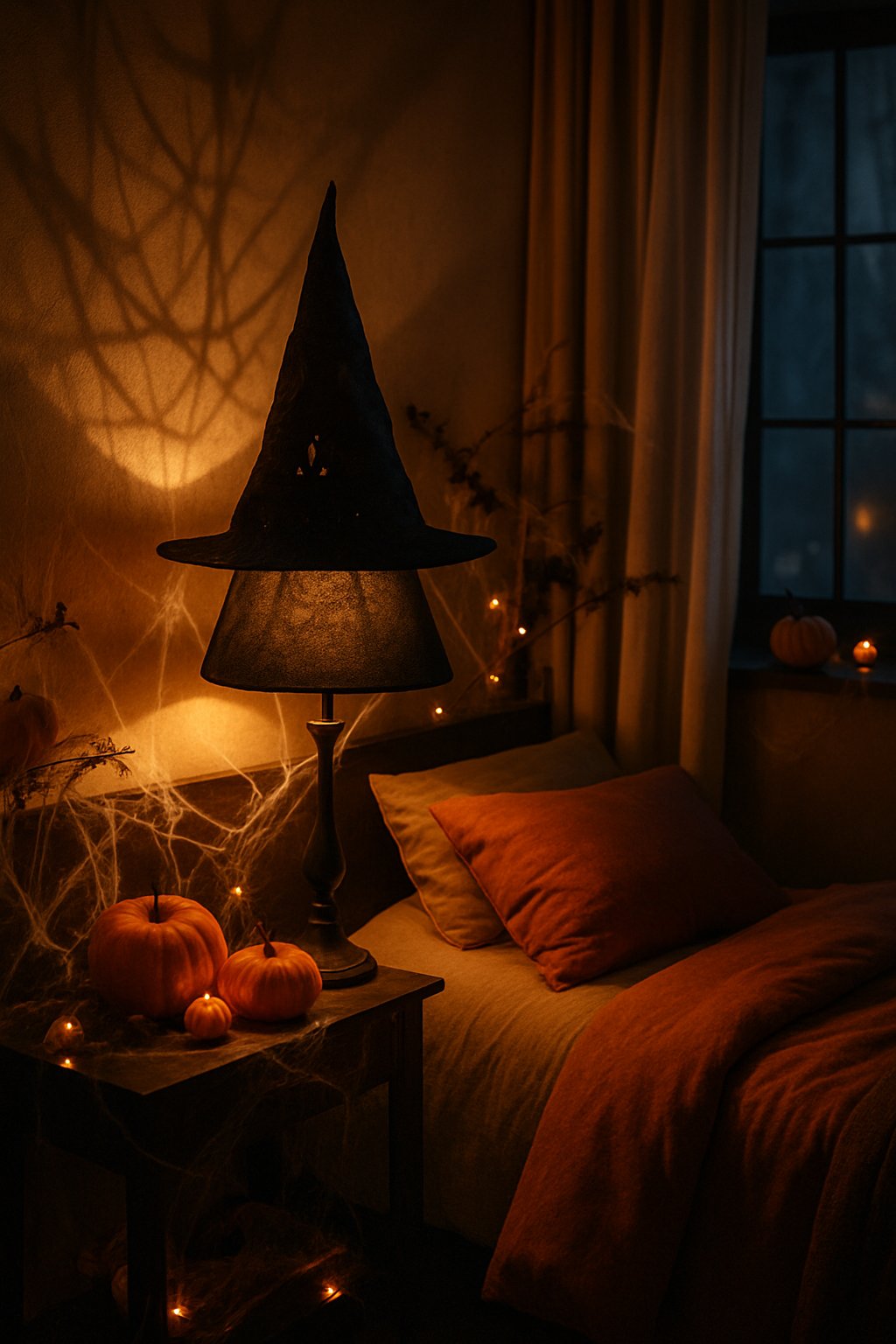 A bedroom with a witch hat lampshade casting shadows on the walls, decorated with pumpkins and Halloween decor.
