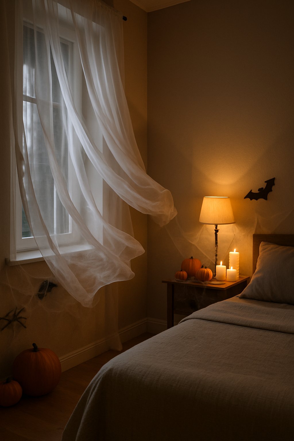 A bedroom with white sheer curtains fluttering by a window and subtle Halloween decorations like pumpkins and candles nearby.