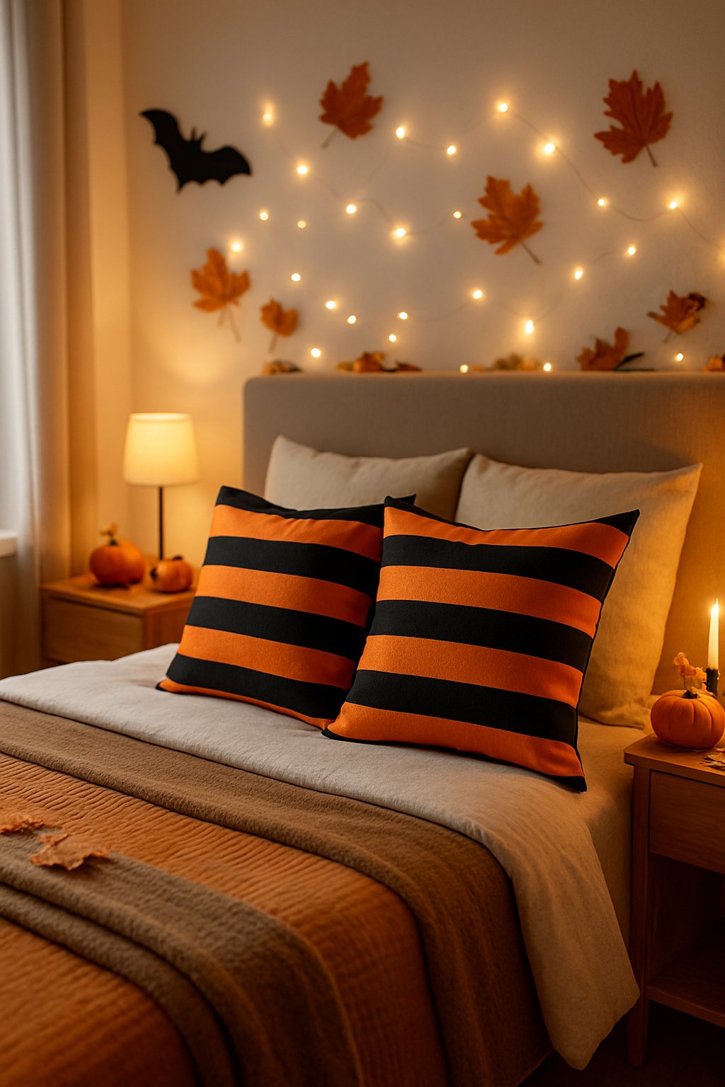A bedroom with a bed featuring orange and black striped throw pillows and Halloween decorations including small pumpkins and autumn leaves.