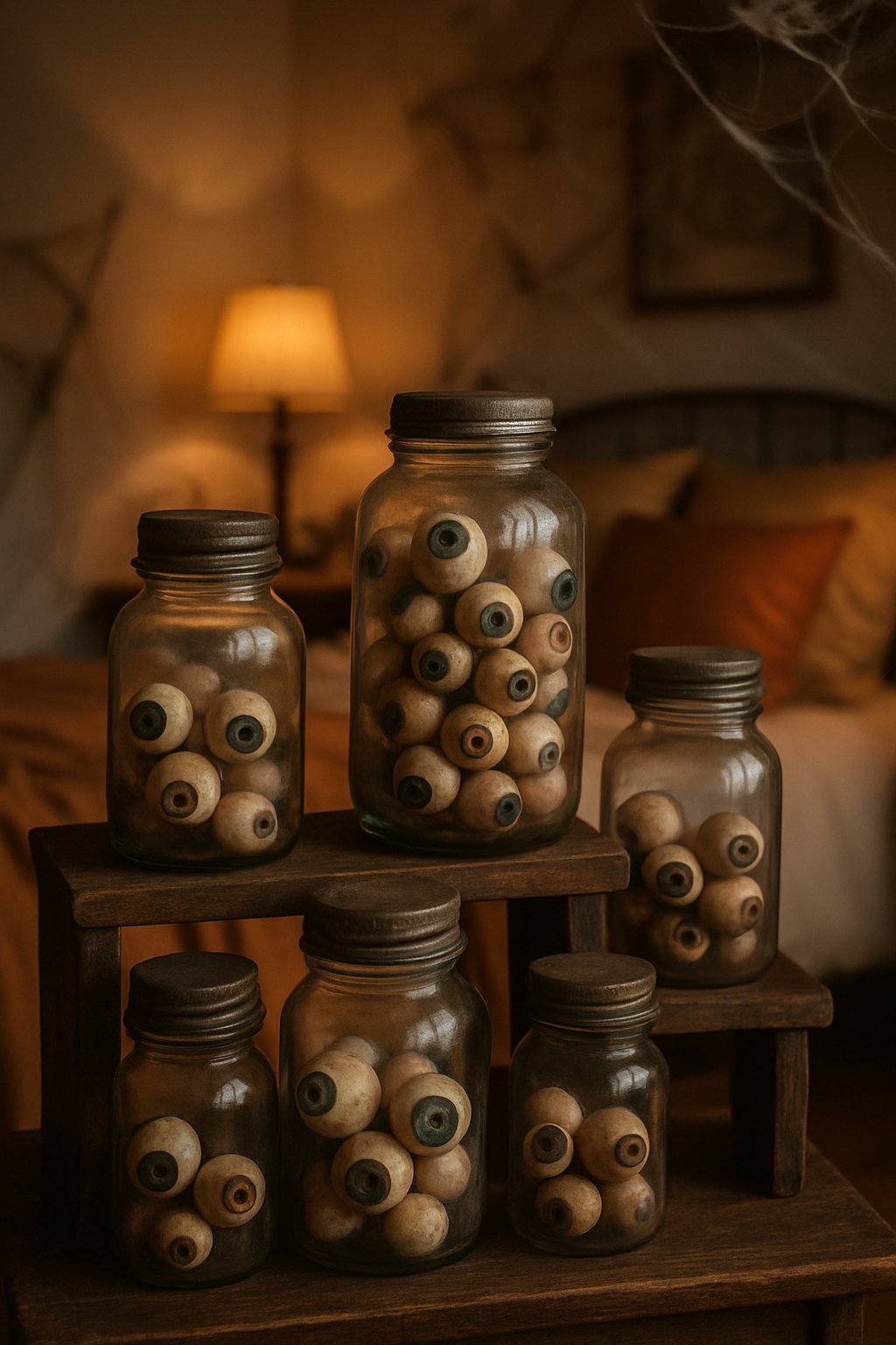 Vintage apothecary jars filled with fake eyeballs arranged on wooden shelves in a bedroom decorated for Halloween.