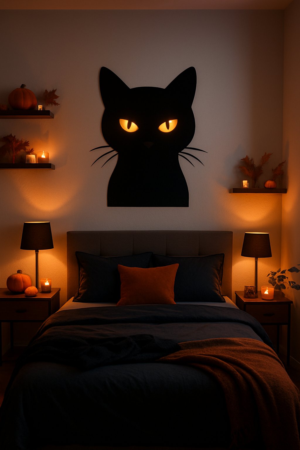 A bedroom with a black cat silhouette wall art featuring glowing eyes above the bed, decorated with Halloween-themed items like pumpkins and candles.