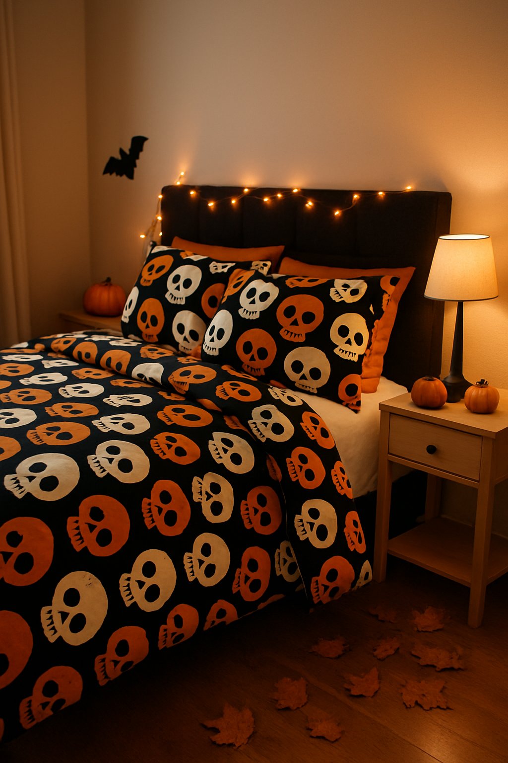 A bedroom with a bed covered in Halloween-themed bedding featuring playful skull prints, decorated with small pumpkins and orange string lights.