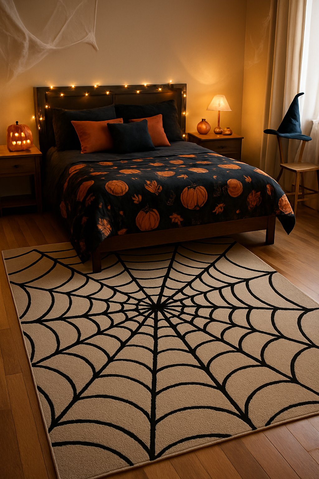 A bedroom decorated for Halloween with a spider web patterned area rug on the floor and seasonal decorations around the room.