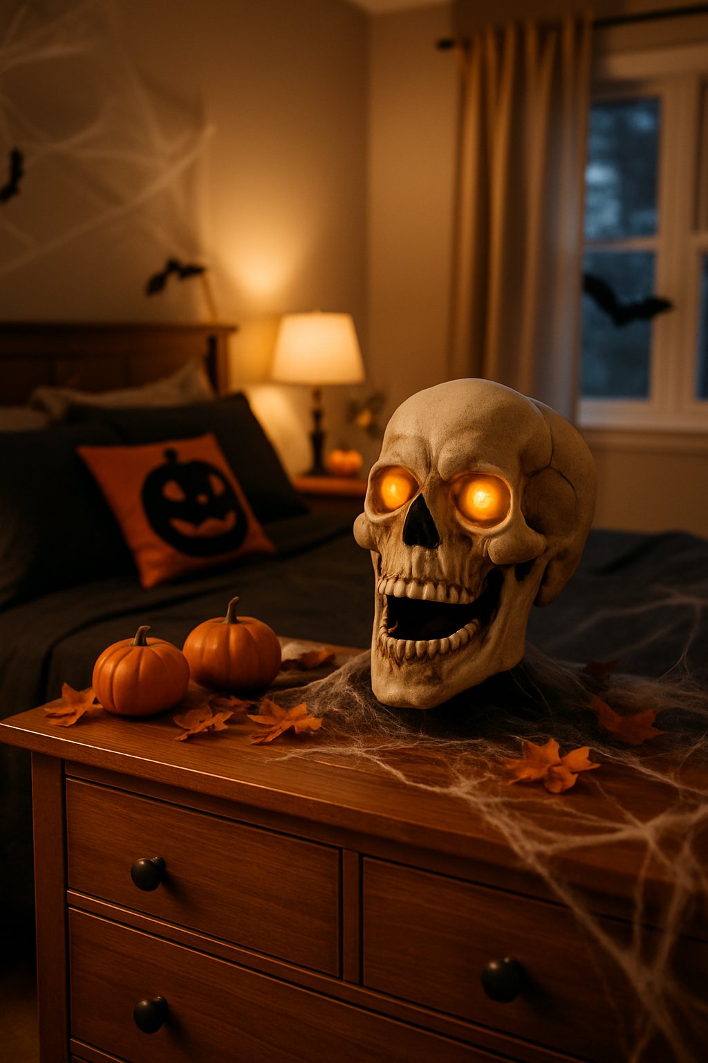 A Halloween-themed bedroom with a wooden dresser holding an animated talking skull with glowing eyes, surrounded by small pumpkins and cobweb decorations.