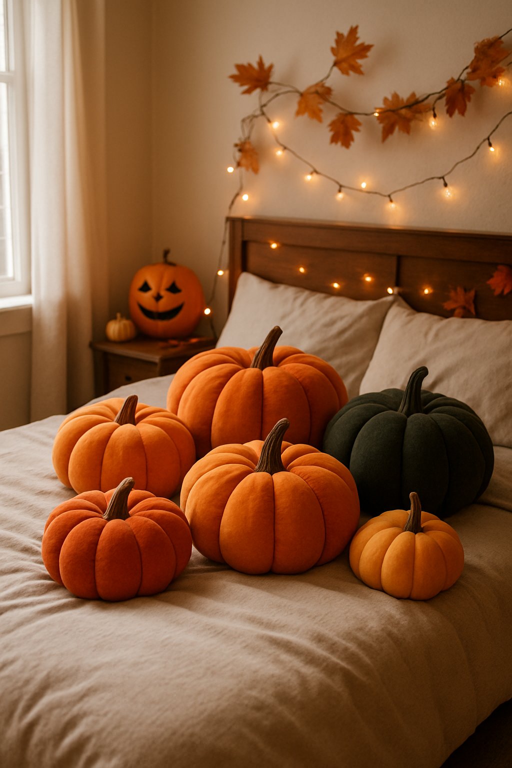 A bedroom with a bed covered in pumpkin-shaped pillows and subtle Halloween decorations, creating a cozy and festive atmosphere.