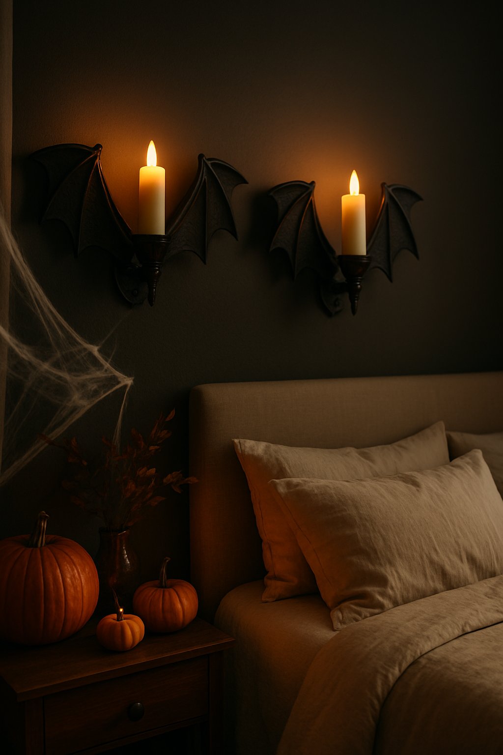 A bedroom with bat wing wall sconces holding flickering LED candles, decorated with Halloween accents like pumpkins and spider webs.