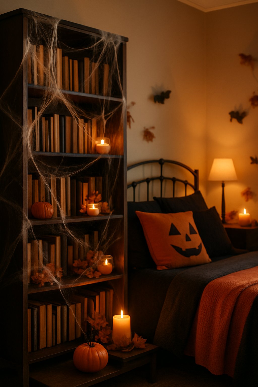 A bedroom with bookshelves covered in fake cobwebs and Halloween decorations including pumpkins and candles.