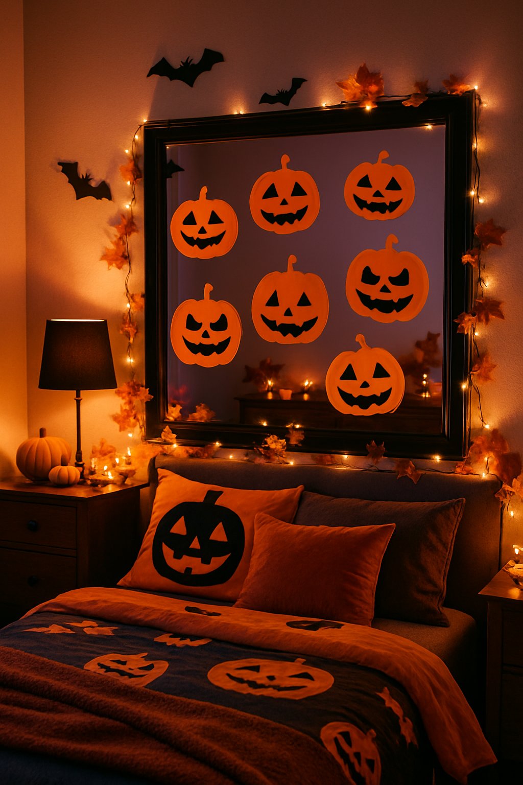 A bedroom with a mirror decorated with jack-o'-lantern decals and Halloween-themed decorations around it.