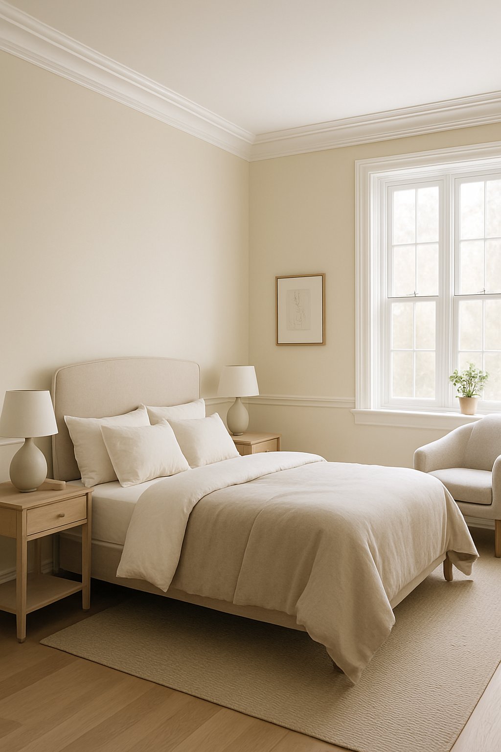 A bedroom with cream walls, white crown molding, a bed, bedside table with lamp, and natural light coming through windows.