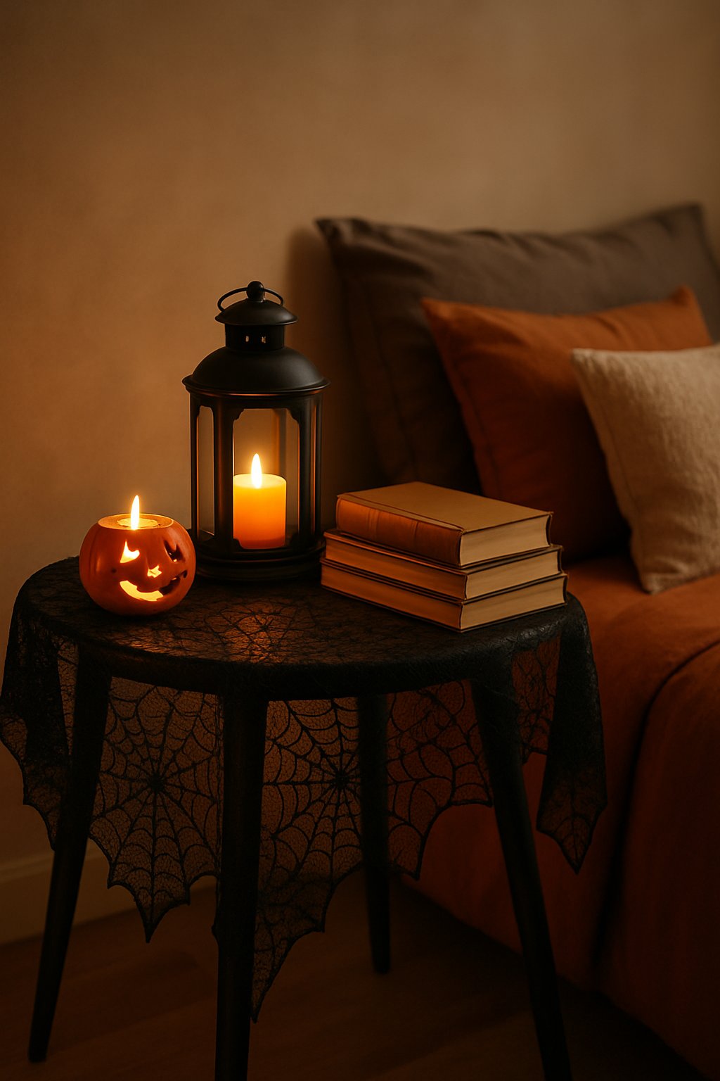A bedside table with a black lace runner, a small pumpkin candle holder, a lantern, and books next to a bed with warm-toned bedding.