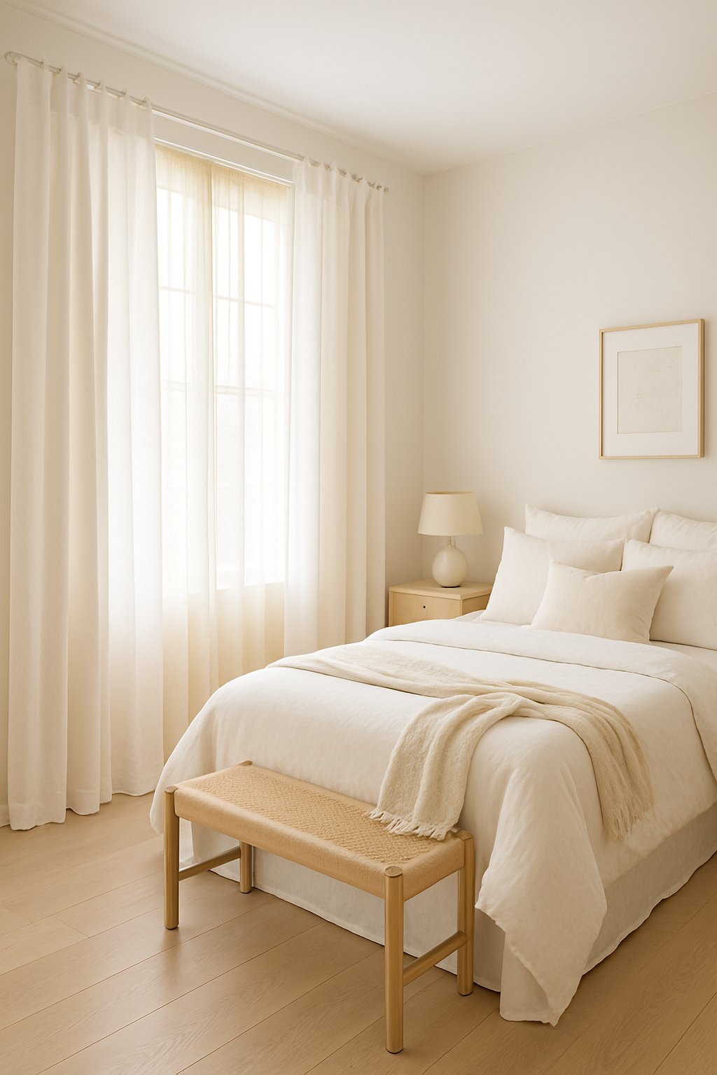 A bedroom with white linen curtains and cream sheer panels on a large window, soft cream and white bedding, and natural light filling the room.
