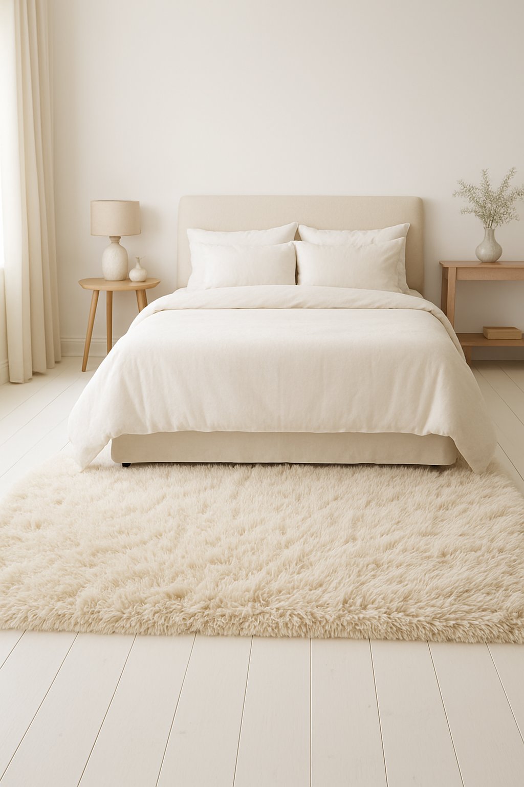 A bedroom with a cream shag rug on white hardwood floors, featuring a bed and simple furniture.