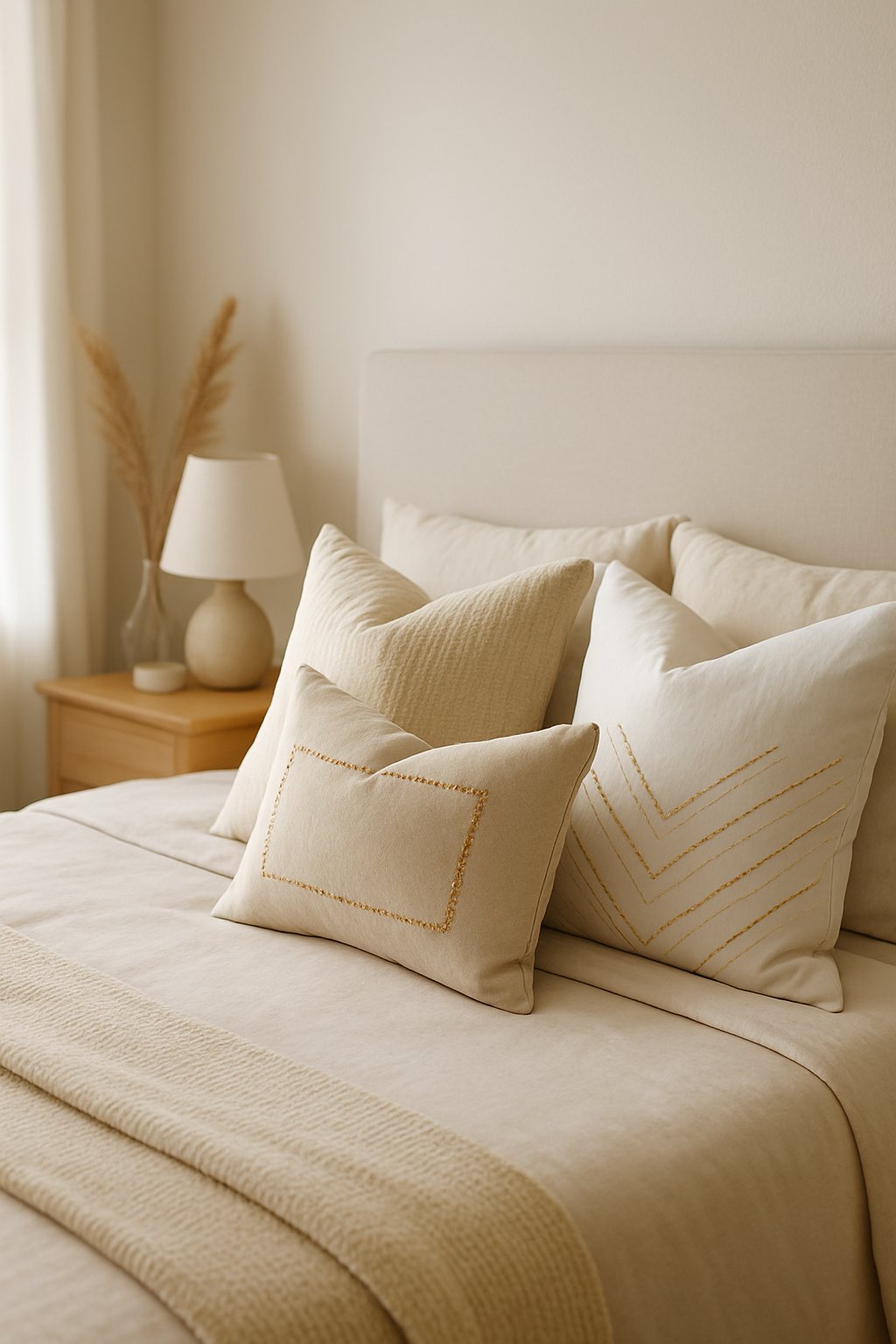 A bedroom with a bed covered in cream and white throw pillows with subtle gold accents.