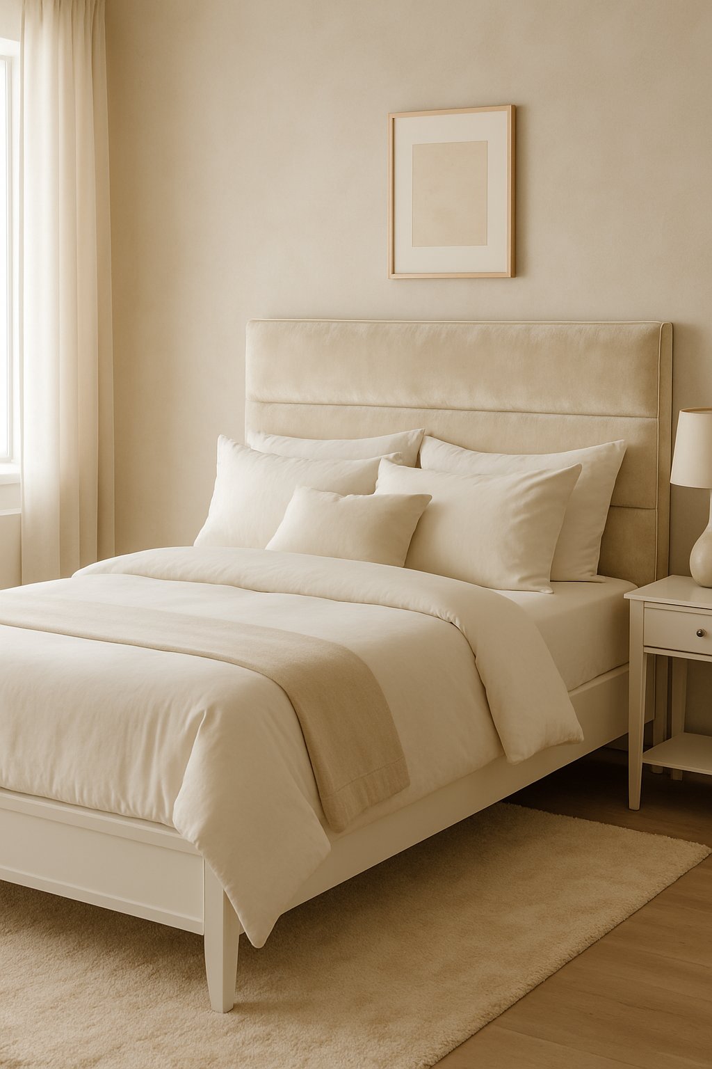 A bedroom with a white bed frame and cream velvet headboard, featuring cream and white bedding and soft natural lighting.
