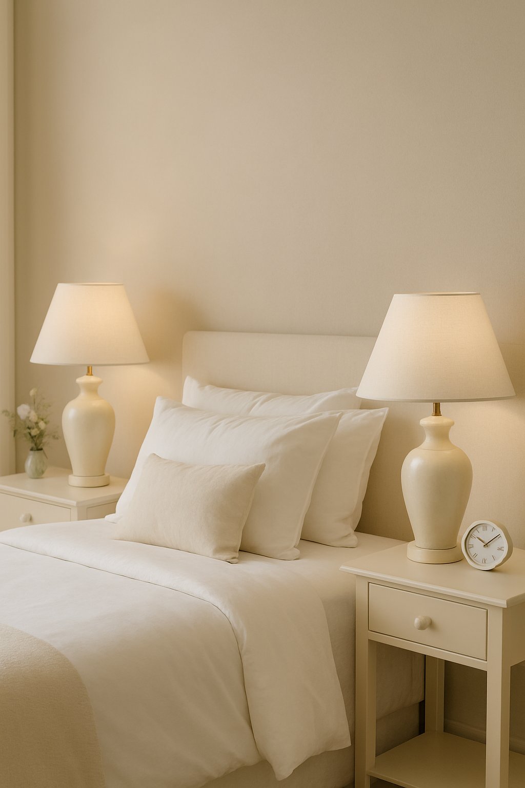 A bedroom with cream ceramic bedside lamps with white shades on bedside tables next to a bed with white and cream bedding.