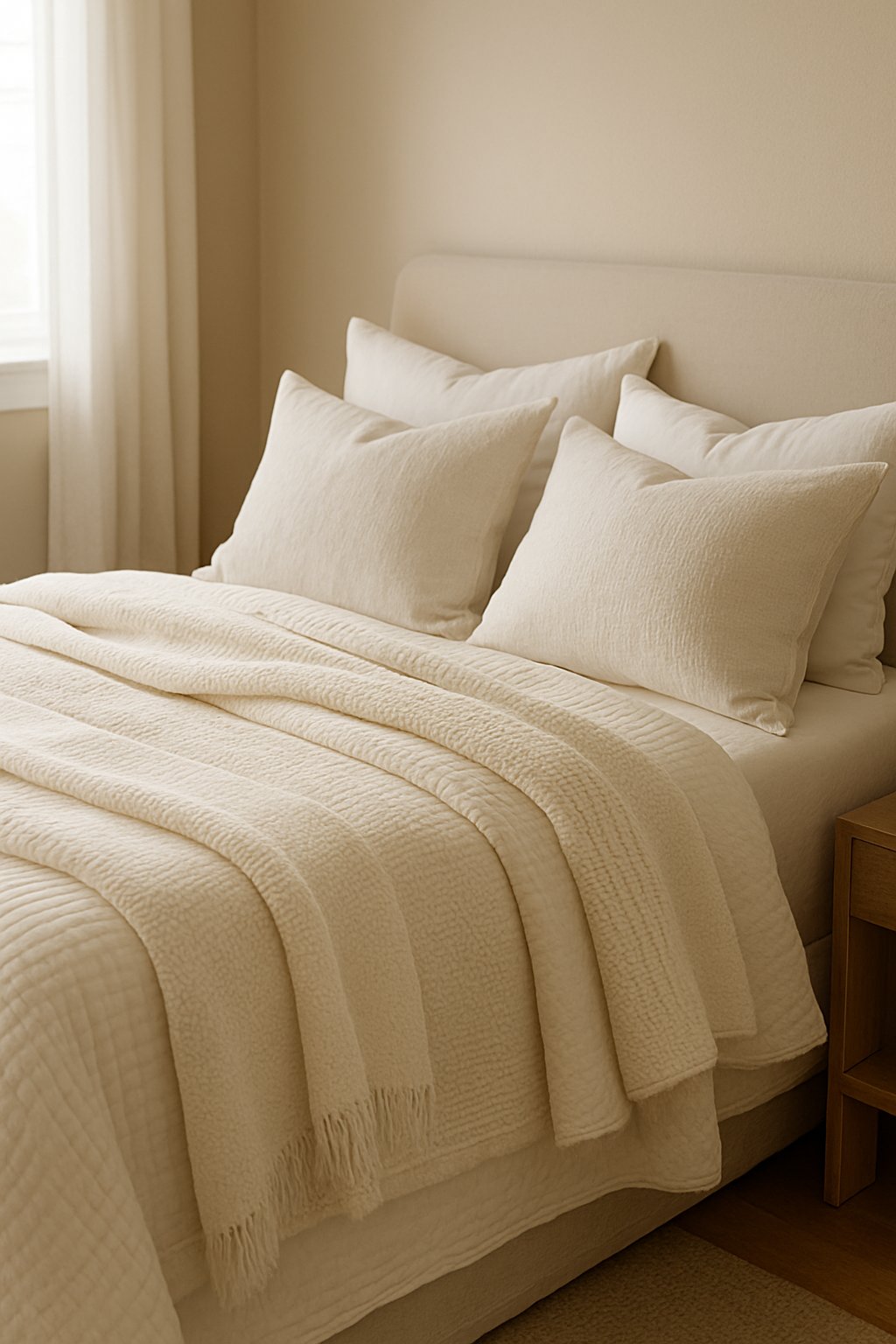 A neatly made bed with layered cream and white blankets and pillows in a softly lit bedroom.