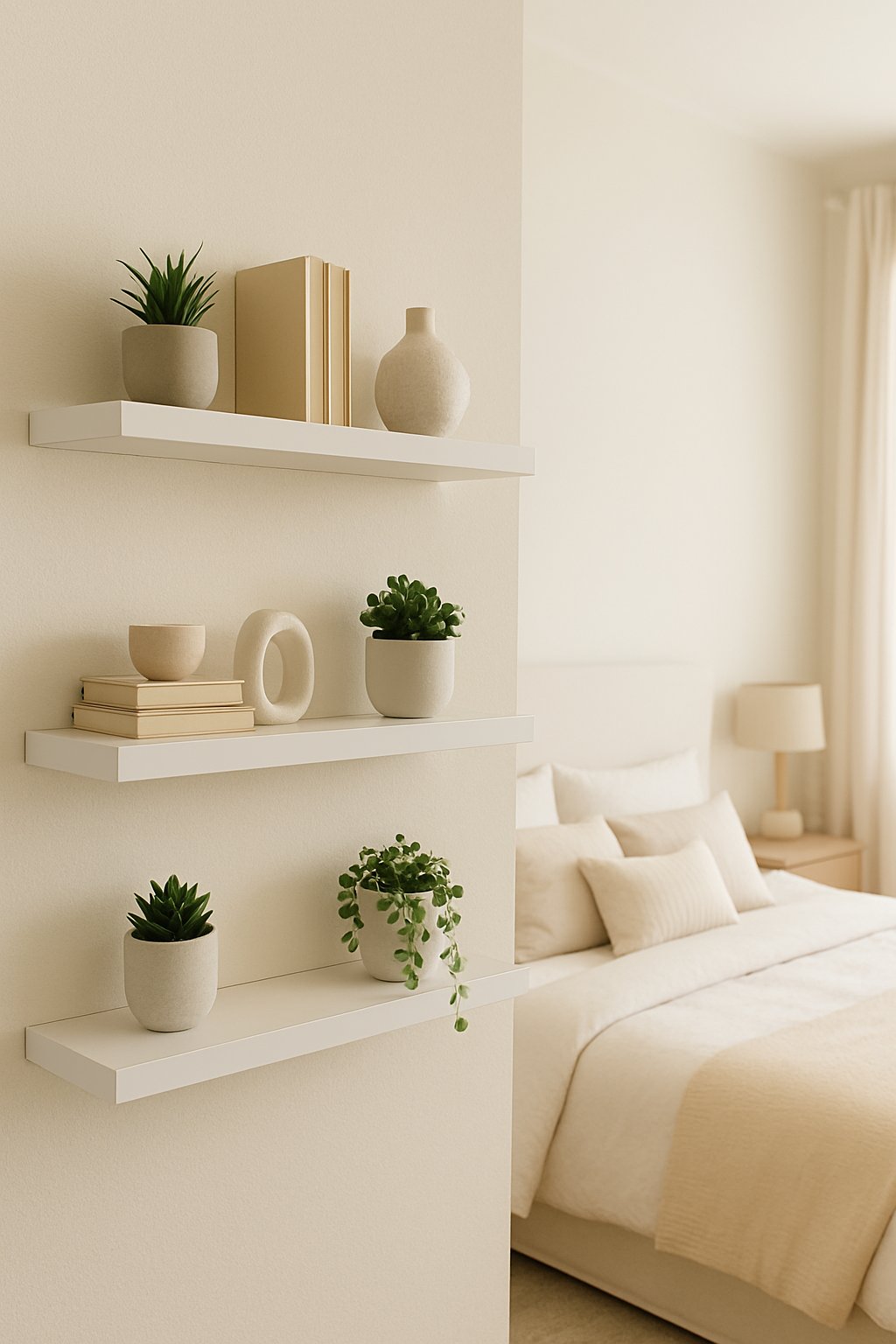 A bedroom with white floating shelves on a cream wall, decorated with plants and books, next to a bed with cream and white bedding.