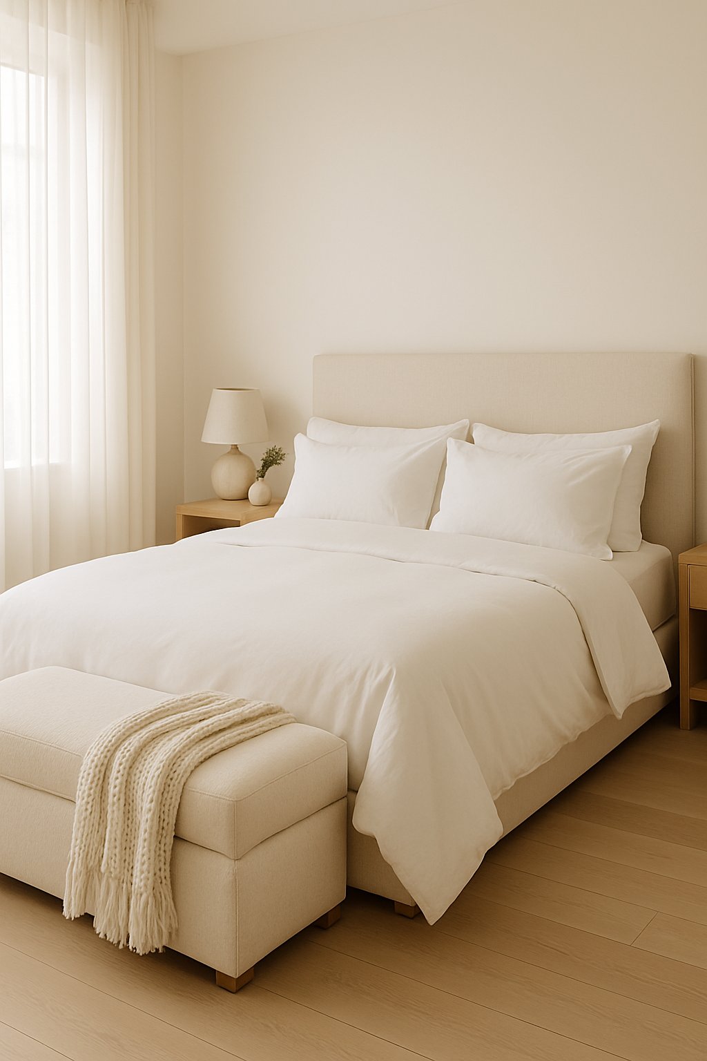 A white bed with a cream ottoman at its foot in a bright bedroom.