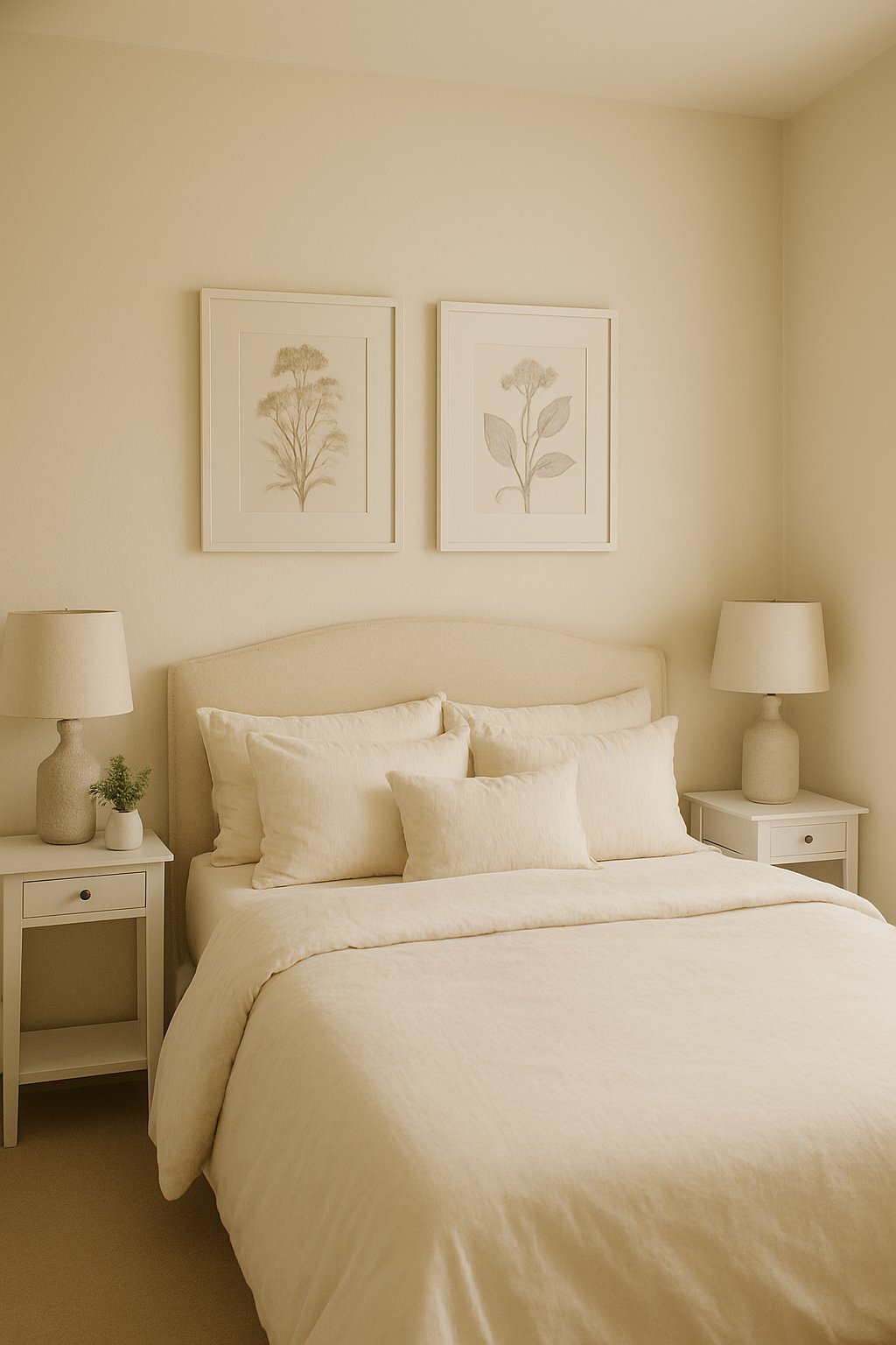 A bedroom with cream-colored walls and white-framed botanical prints, featuring a bed with cream and white bedding.