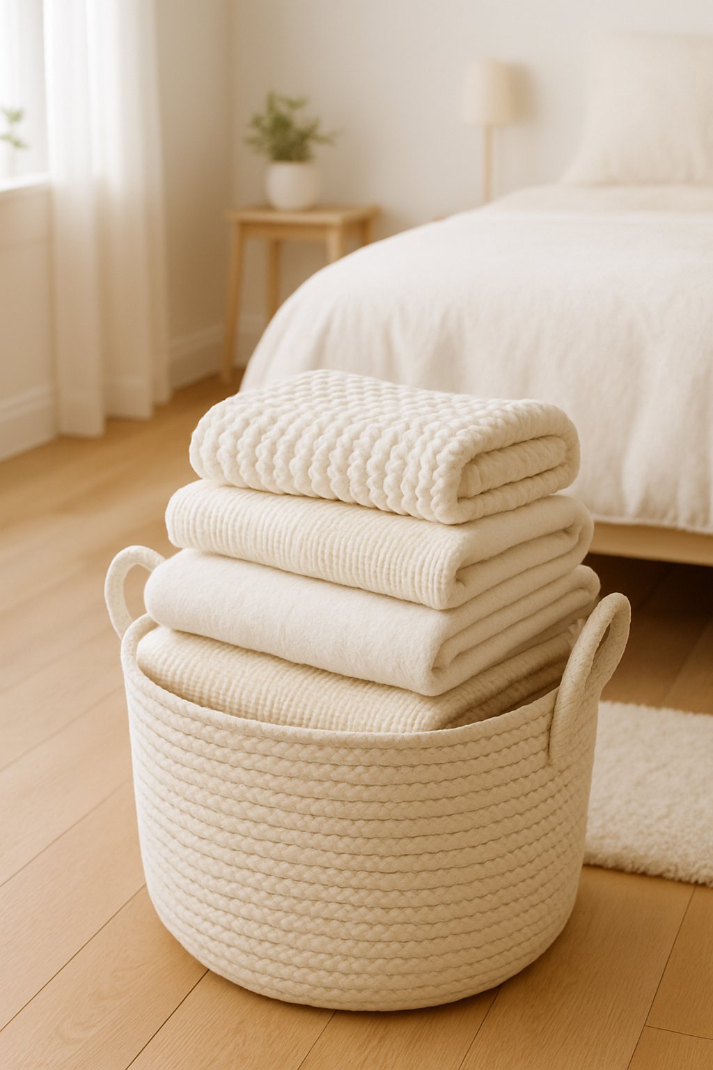 A cream-colored woven basket filled with blankets next to a bed in a bright bedroom.
