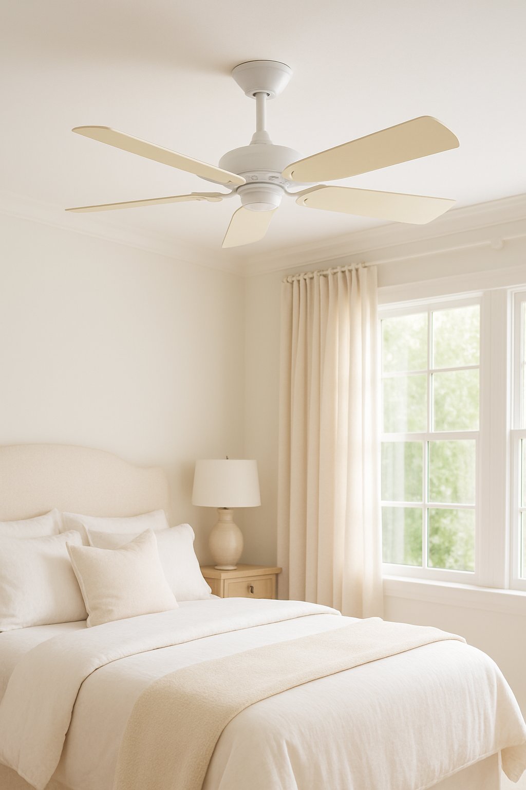 A bright bedroom with a white ceiling fan that has cream-colored blades, surrounded by cream and white furnishings.