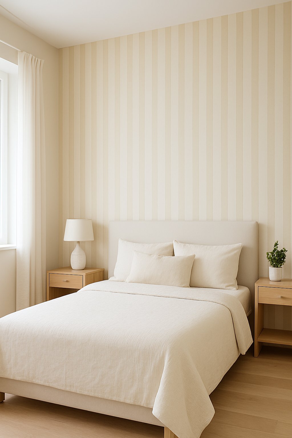 A bedroom with a cream and white striped wallpaper on one wall, a neatly made bed, and natural light coming through a window.