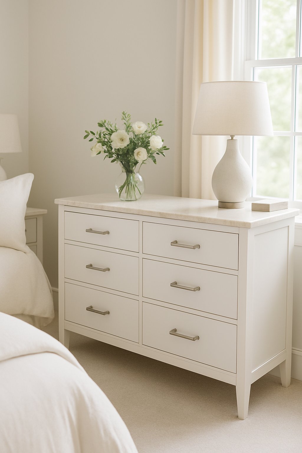 A white dresser with a cream marble top in a bright bedroom with cream and white decor.