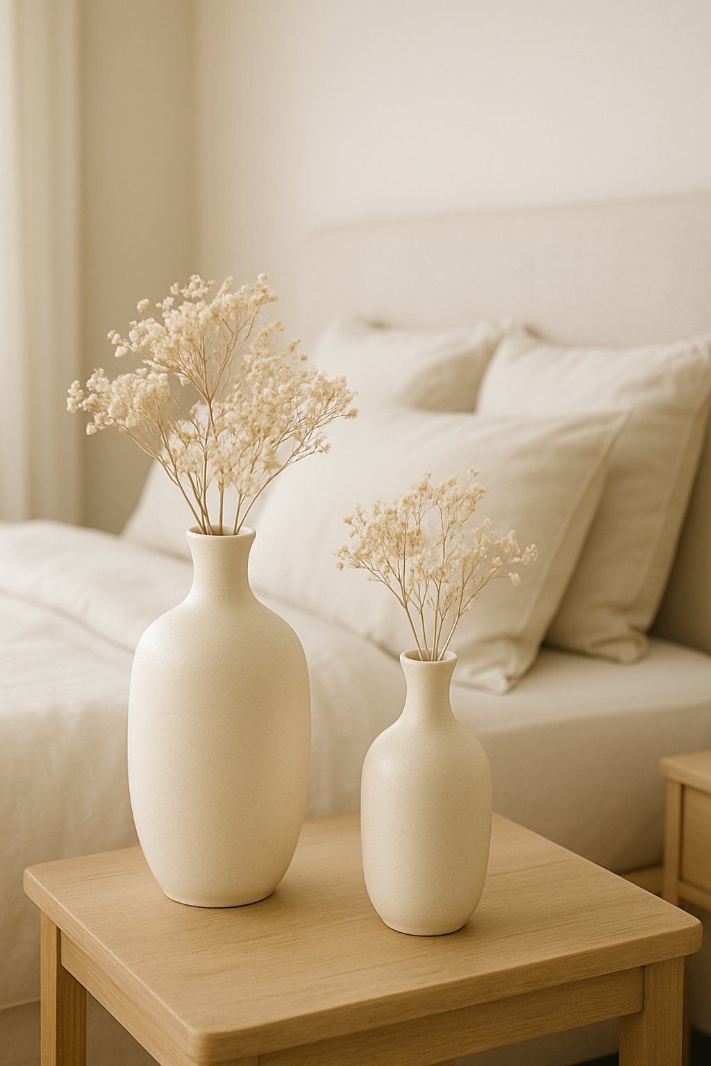 A bedroom scene with cream ceramic vases holding white dried flowers on a bedside table next to a bed with cream and white bedding.