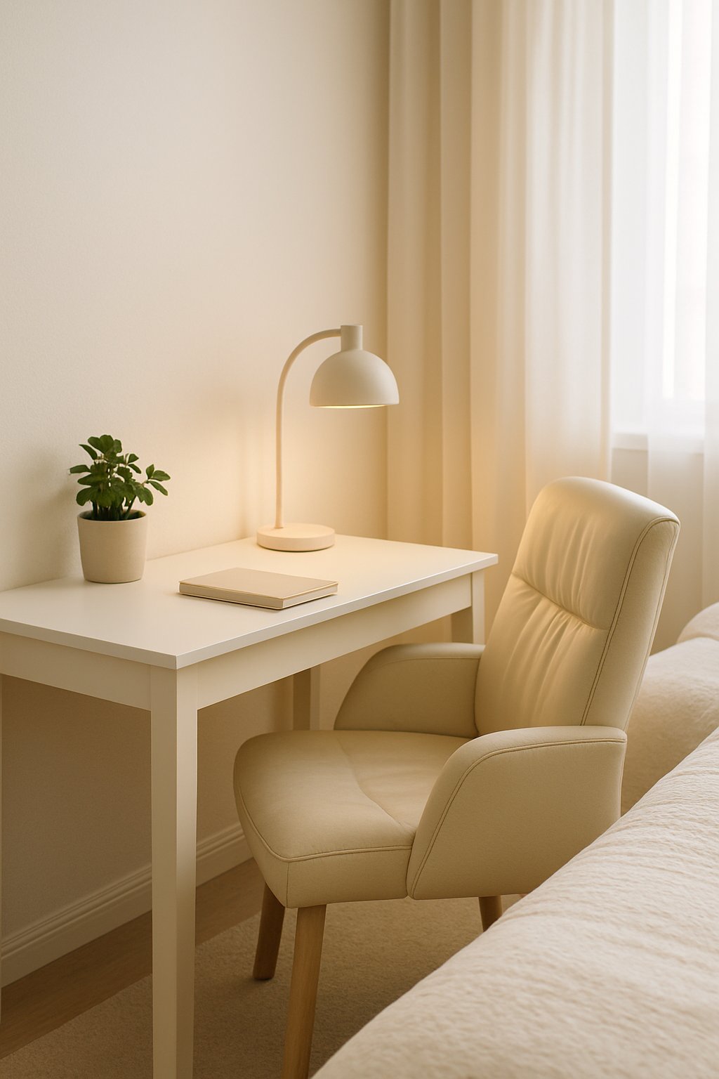 A white desk with a cream leather chair in a bright bedroom nook with cream and white decor.