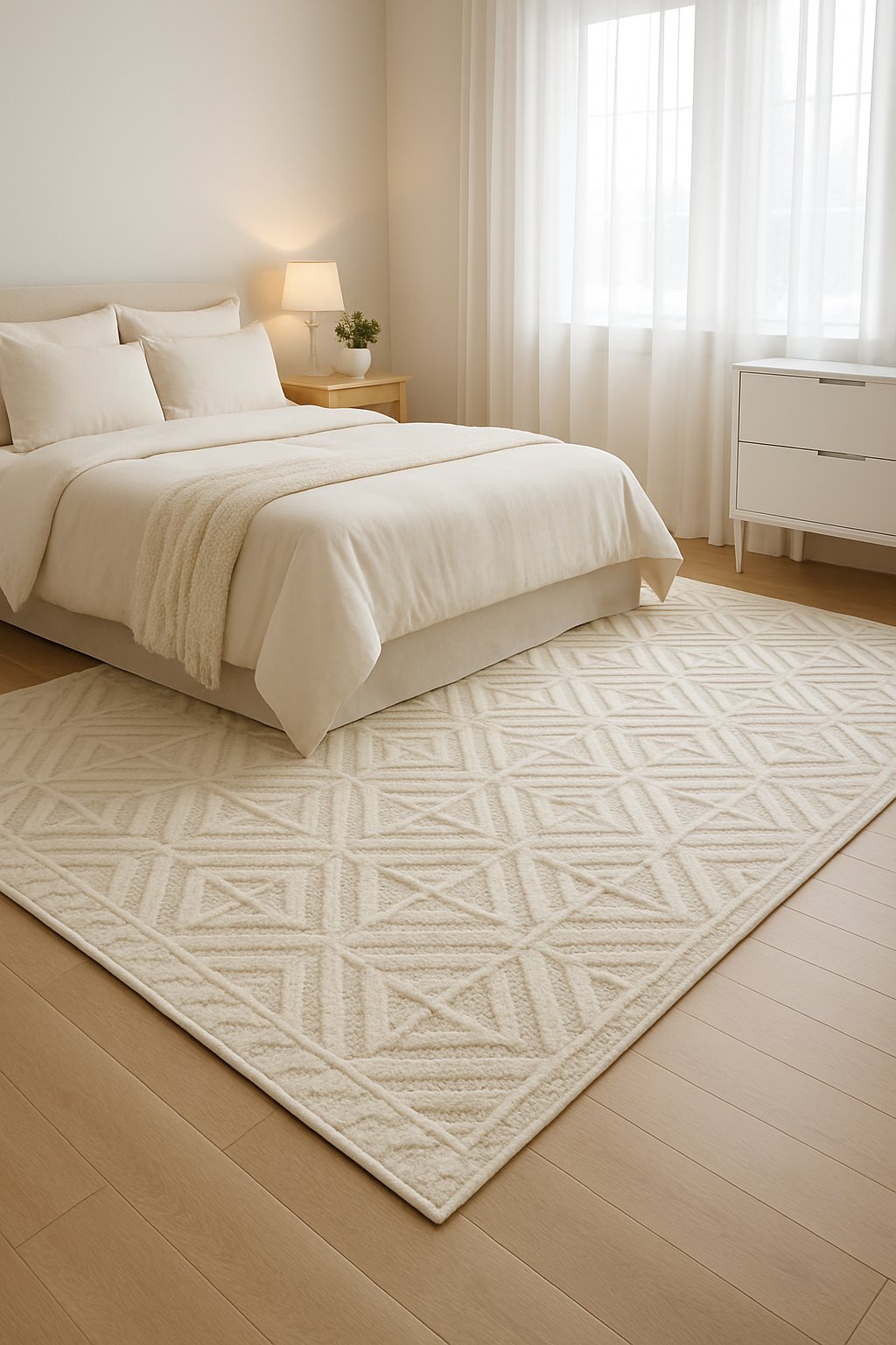 A bedroom with a cream and white geometric patterned rug on the floor, a neatly made bed, and natural light coming through windows.