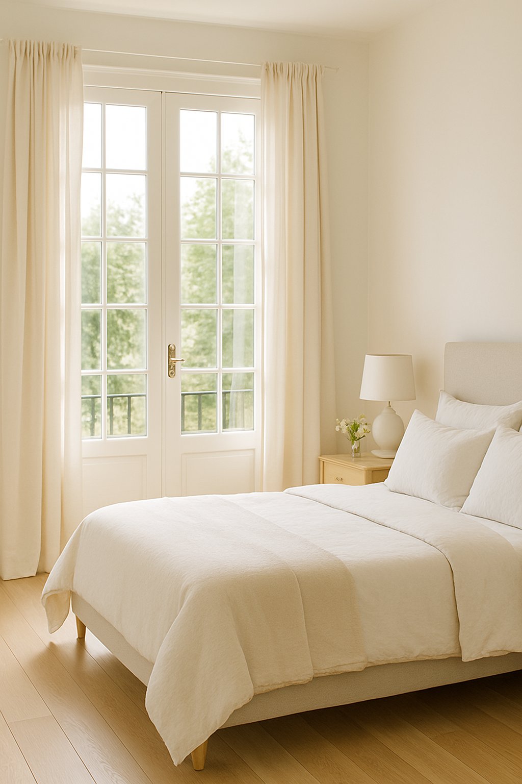A bedroom with white French doors and cream curtains, a bed with cream and white bedding, and soft natural light filling the room.