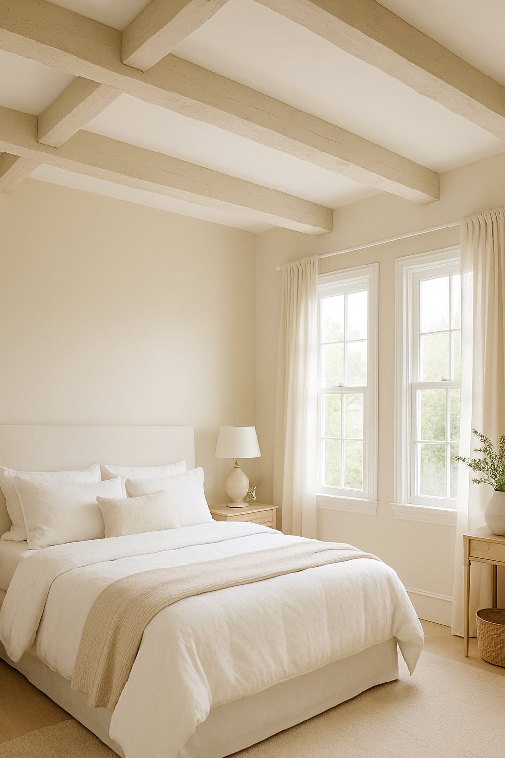 A bedroom with a white ceiling featuring cream-painted wooden beams and cream and white decor.
