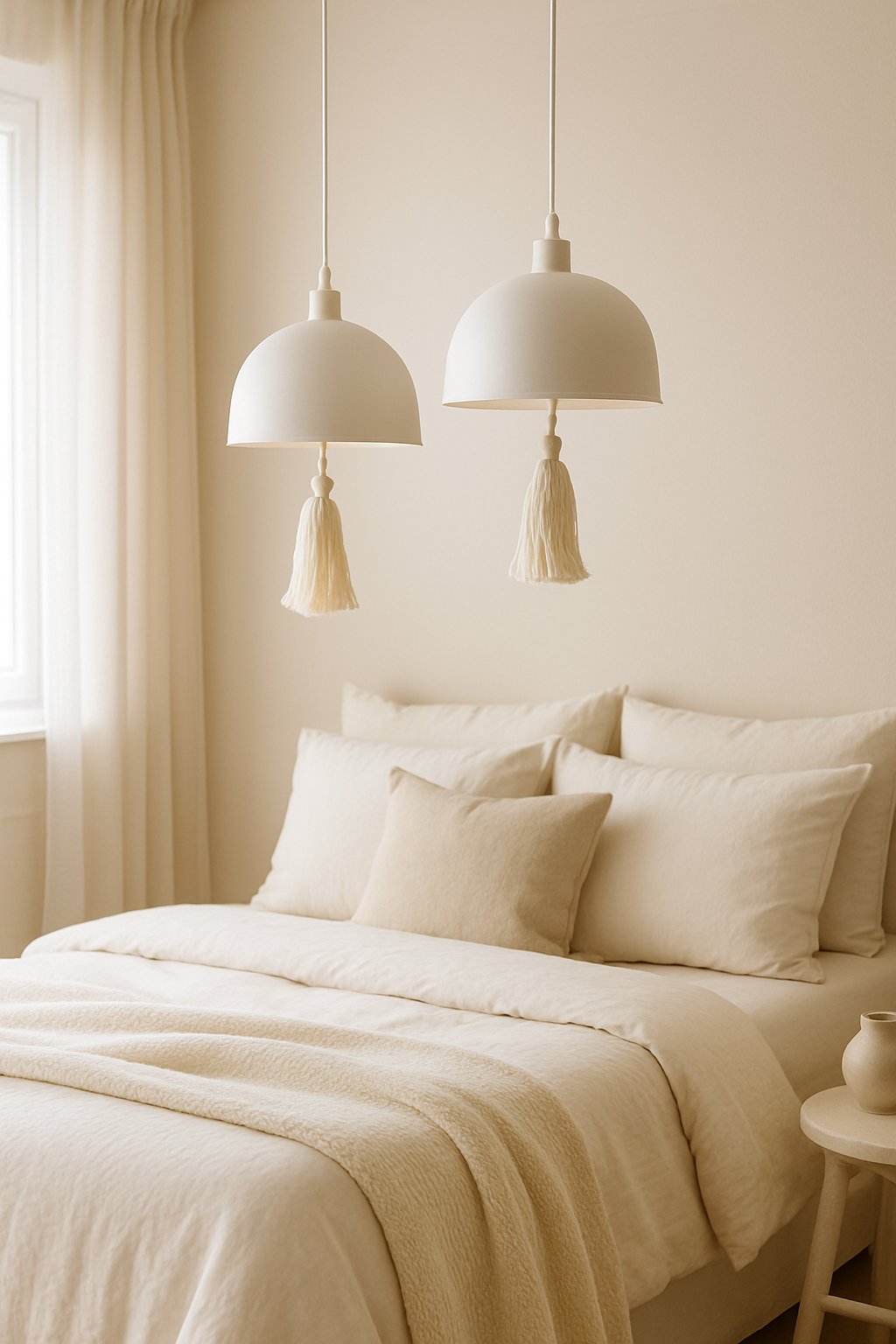 A bedroom with white hanging pendant lights with cream tassels above a bed with cream and white bedding.