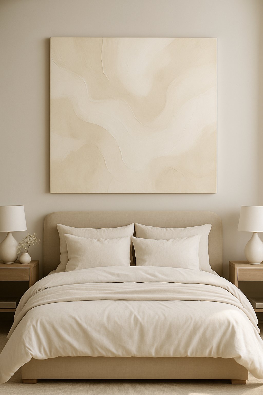 A bedroom with a large cream and white abstract art canvas above the bed, featuring neutral bedding and minimalist furniture.