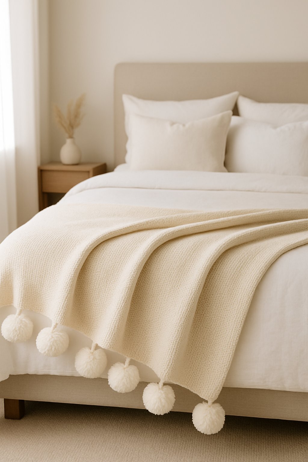 A cozy bedroom with a cream throw blanket with white pom-poms draped over a bed with cream and white bedding.