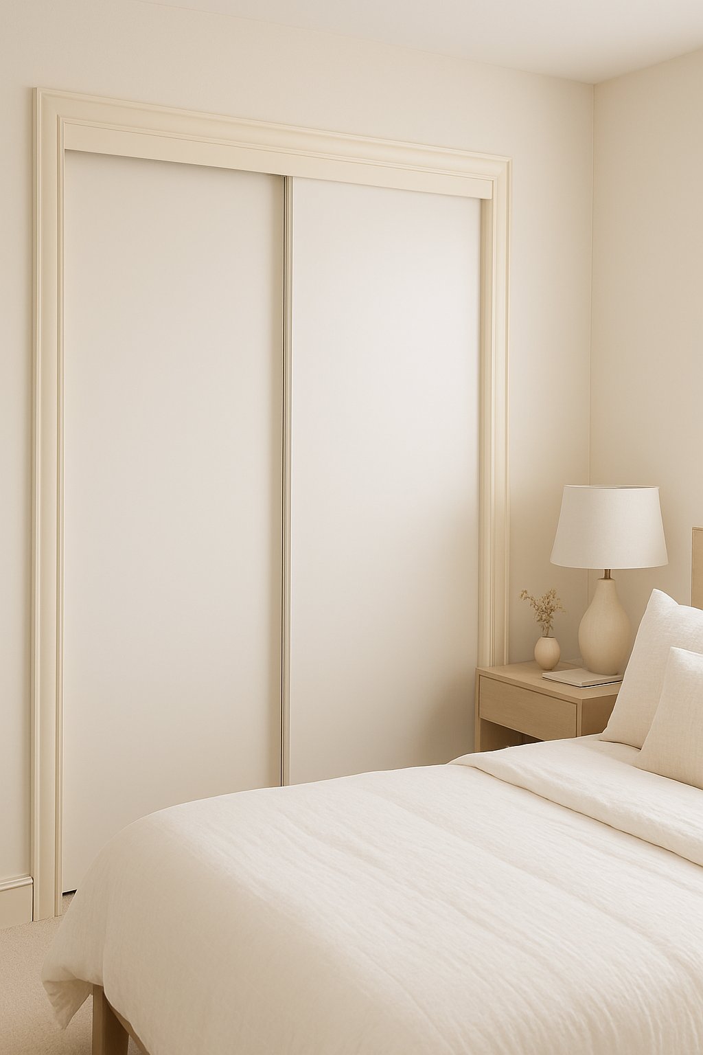 A bedroom with white sliding closet doors framed by cream trim and matching cream and white decor.
