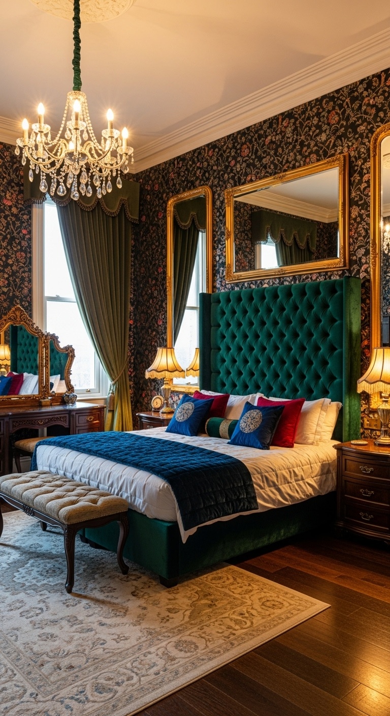 velvet tufted headboard in a maximalist bedroom