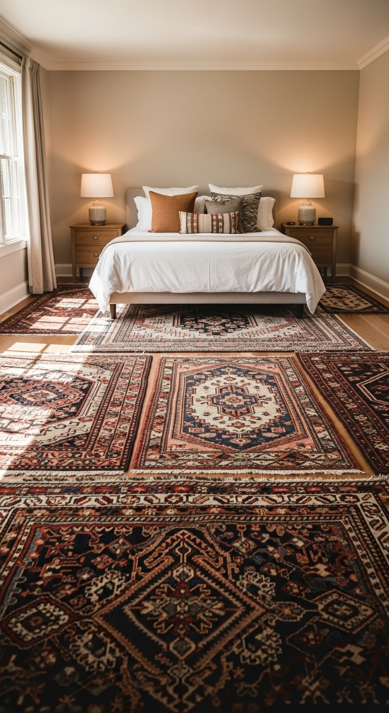 A bedroom with a mix of vintage rugs in various patterns, creating a maximalist aesthetic