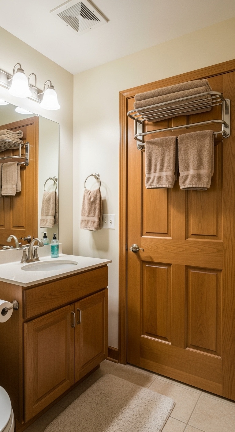 Hang towel racks on the back of the door