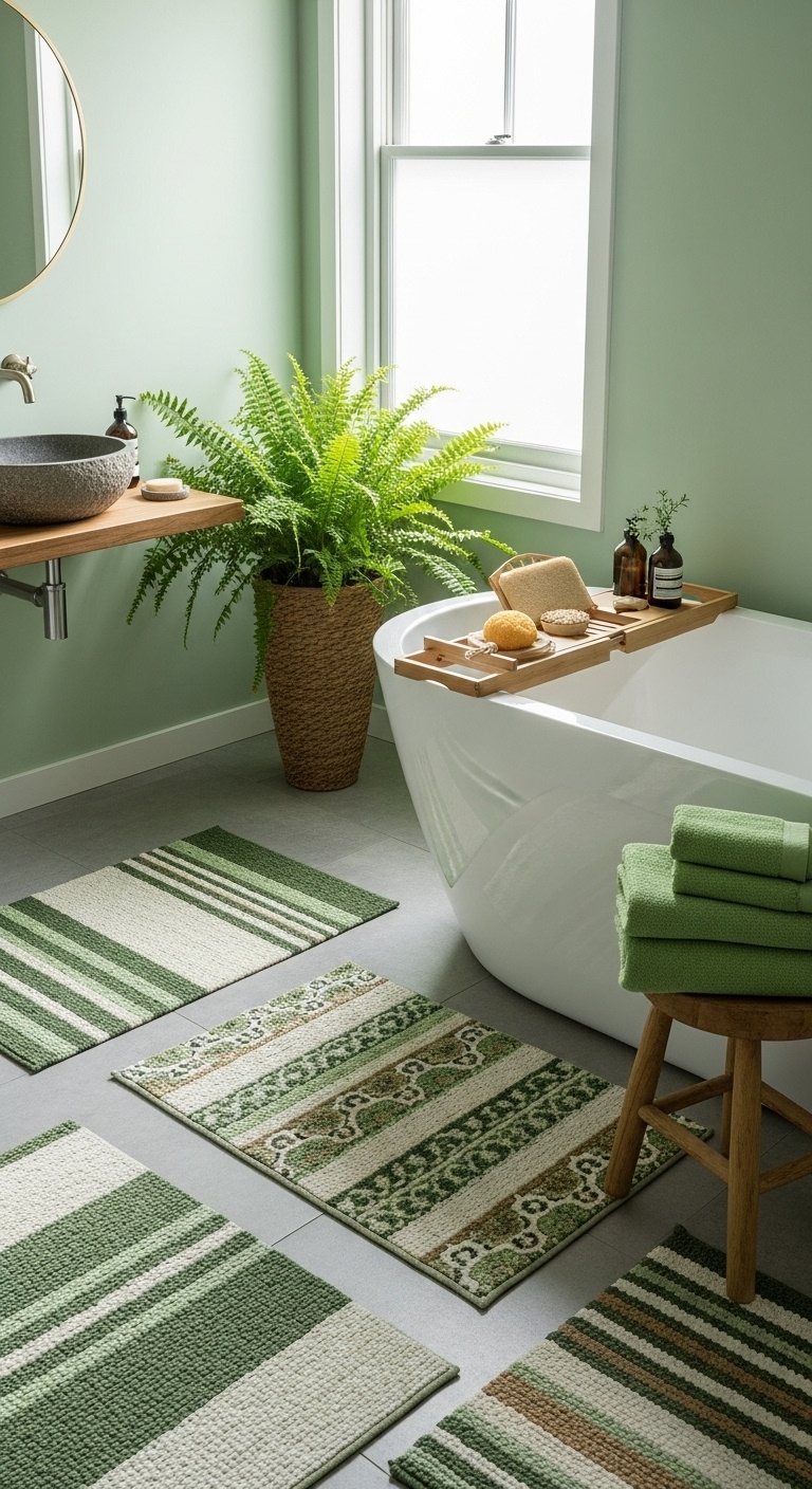green bathroom with Eco-friendly bath mats