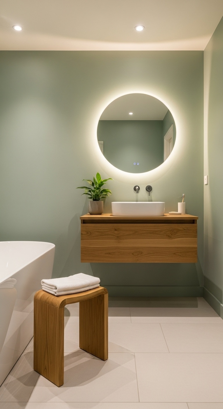 Teak wood stool in green bathroom