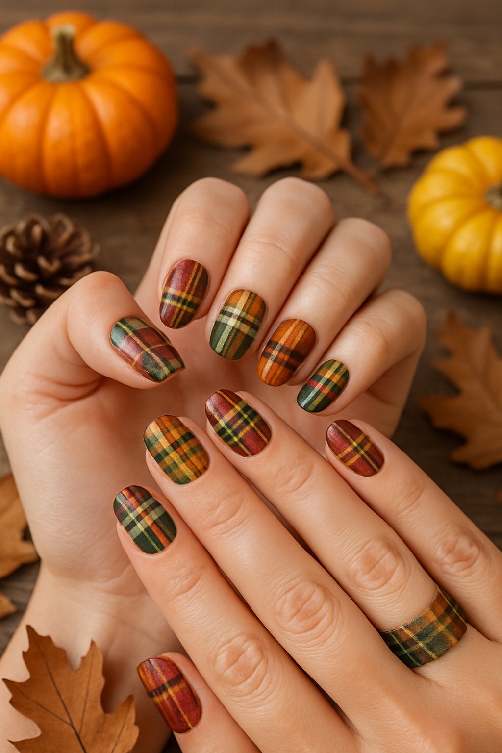 Close-up of hands with autumn-themed plaid patterned nails resting on a wooden surface with fall leaves and pine cones.