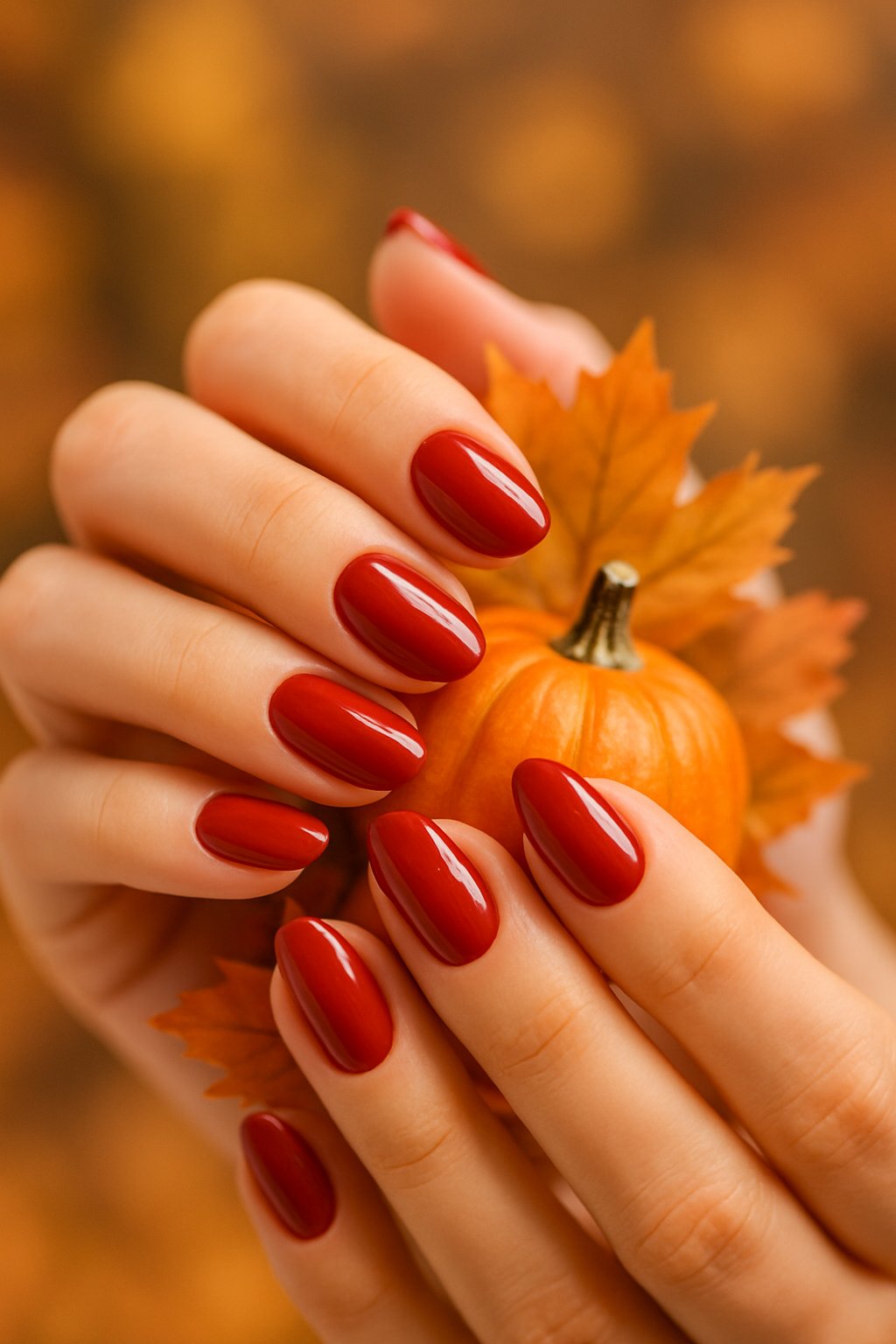 Close-up of hands with glossy red nails holding autumn leaves and a small pumpkin.