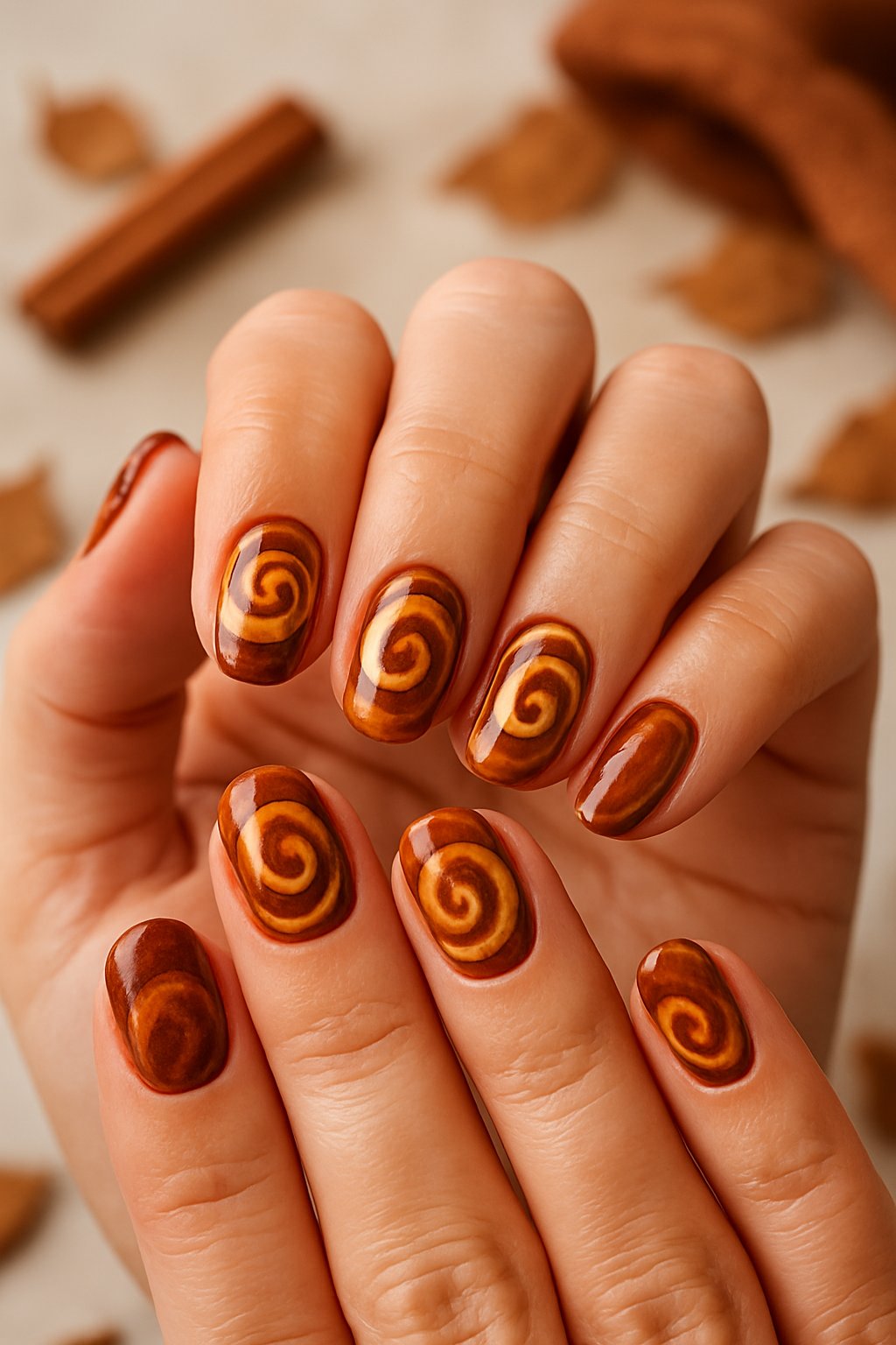 Close-up of hands with cinnamon swirl nail art in warm fall colors, surrounded by cinnamon sticks and dried leaves.