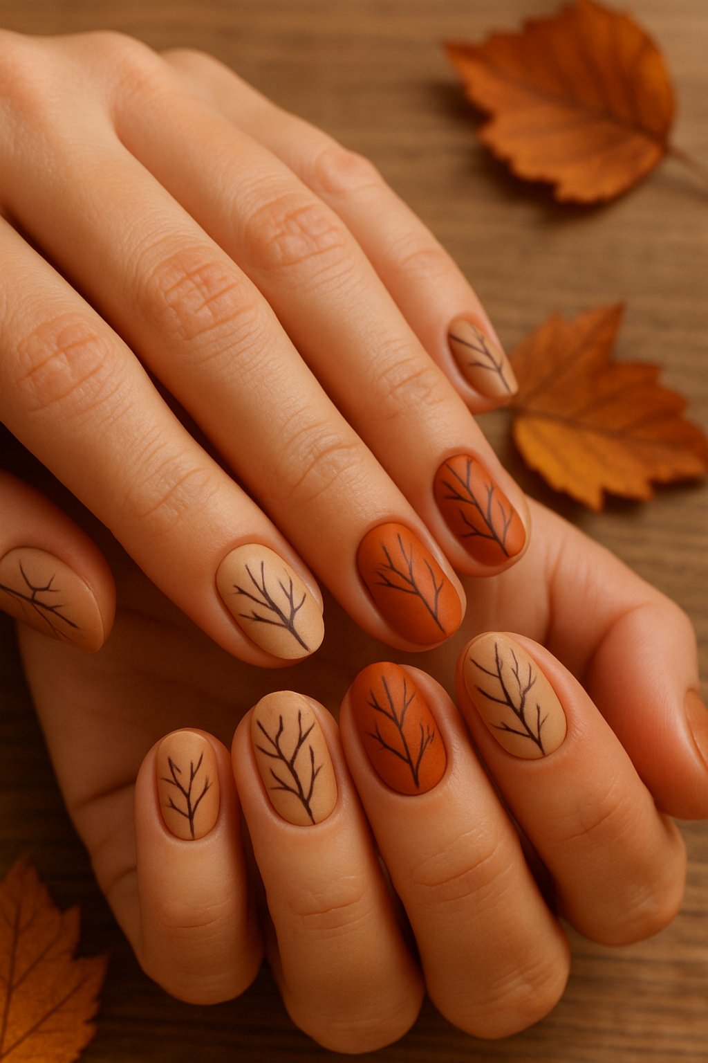 Close-up of hands with autumn-themed nails featuring bare branch designs on warm brown and beige backgrounds.