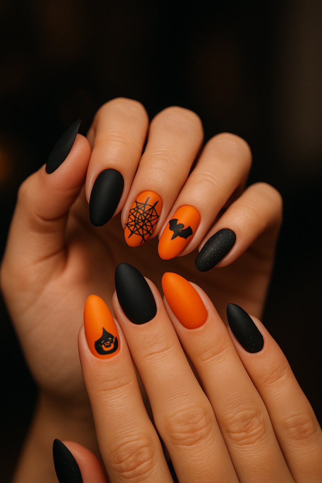 Close-up of hands displaying Halloween-themed orange and black manicured nails with various festive designs.