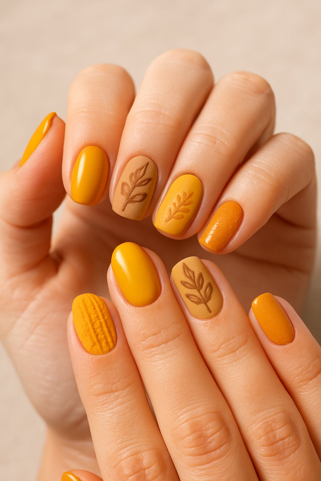 Close-up of hands showing 23 different marigold yellow fall-themed nail designs with autumn-inspired patterns and textures.